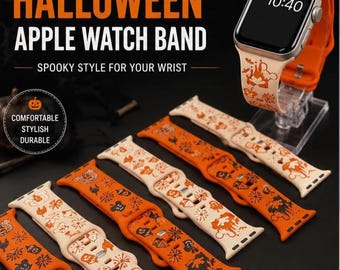May include: A collection of silicone Apple Watch bands in orange and cream colors, featuring printed Halloween-themed icons like pumpkins, ghosts, and fireworks. One band is attached to a watch face displaying 10:40. Text reads HALLOWEEN APPLE WATCH BAND.