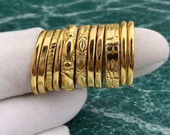 Gold Plated Stacking Ring Set: 11 Piece Textured Minimalist Bands