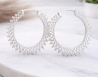 Orecchini a cerchio in pizzo in argento sterling, design tribale Boho