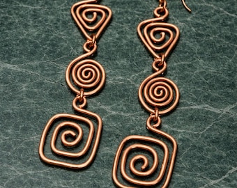 Orecchini pendenti a spirale in rame fatti a mano, gioielli tribali geometrici in filo metallico in stile boho