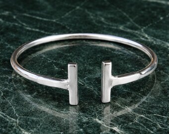 Bracciale rigido aperto a doppia barra in argento sterling, bracciale geometrico moderno