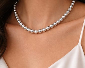 Collana con perline in argento sterling 925, collana minimalista, classica e audace, fatta a mano, con sfere in argento da 8 mm, collana minimalista in argento