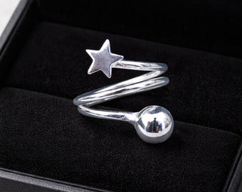 Anello a spirale con stella in argento sterling - Gioielli celestiali regolabili