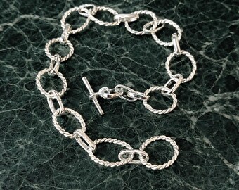 Bracciale in argento sterling con maglie a corda – Catena a cerchio intrecciato, chiusura a levetta