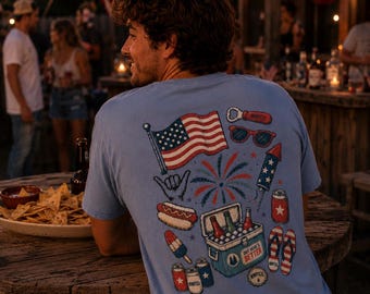 Vintage Americana Summer Collage T-shirt | Out Here's Better cooler fireworks hot dogs