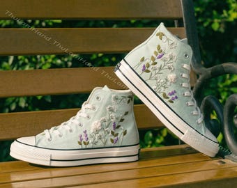 Sage Green Wildflower Converse High Tops, Lavender Floral Embroidered Sneakers, Cottagecore Gift Shoes