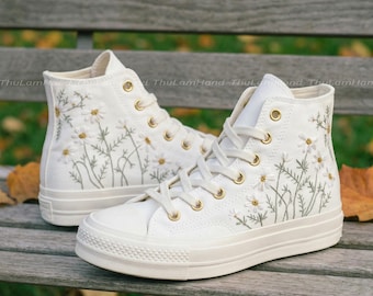 Bridal Daisy Embroidered Converse High Tops, White Floral Wedding Sneakers, Custom Shoes for Bride
