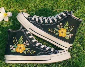 Black Converse Chuck 70 High Tops, Yellow Daisy Embroidered Sneakers, Custom Floral Shoes