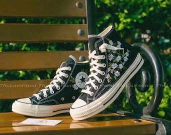 Custom Daisy Embroidered Converse High Tops, White Floral Sneakers, Chrysanthemum Gift for Her