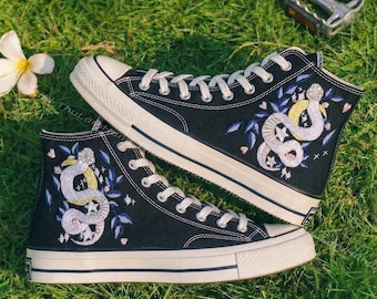 Custom Embroidered Converse High Tops Snake Design