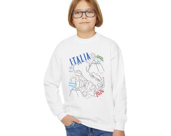 Sweat-shirt pour jeunes sports d'hiver Italie 2026, col rond à motif griffonné, sweat-shirt à col rond pour les fans de sports d'hiver, graphisme athlétique
