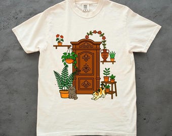 T-shirt plante d'intérieur et chat : t-shirt vintage avec motif chat, teint en pièce, couleurs vives et confortables