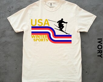 T-shirt de skieur de sports d'hiver des États-Unis, T-shirt de ski rétro, Italie 2026, Sports d'hiver des États-Unis