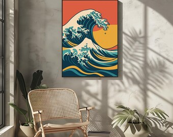 Impression d'art vague japonaise : affiche océan minimaliste, décor côtier (téléchargement numérique 60 x 91 cm)