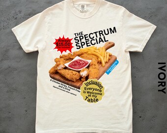 T-shirt en lanières de poulet de sensibilisation à l'autisme, t-shirt alimentaire vintage, chemise pour gourmets, haut inclusion