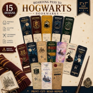 May include: A collection of 15 printable Hogwarts boarding pass bookmarks, each measuring 2 inches by 7 inches. The designs feature various magical themes, house crests, and train imagery with text including Hogwarts, Platform 9 3/4, and house names.