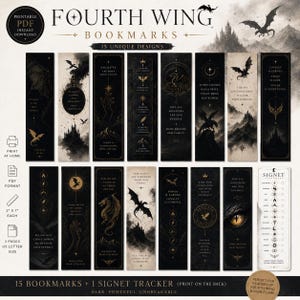 Utskrivbart bokmärke i PDF-format från Fourth Wing | Bokmärkesset med Dragon Fantasy | Basgiath War College-merchandise - direkt nedladdning, present till bokälskare