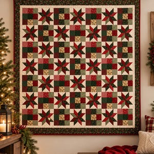 Jullapptäcke med stjärnor i PDF-format, julstjärnequilt, scrappy julquilt, 90 x 102 sängquilt, digital nedladdning