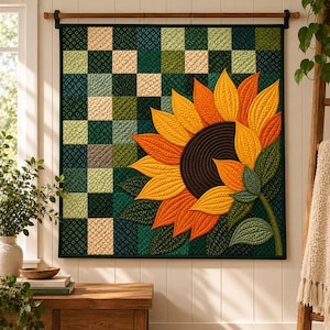 May include: A square wall hanging quilt featuring a large, dimensional sunflower with yellow and orange petals and a dark brown center. The background is composed of a patchwork grid of various green and cream fabric squares with quilted textures.