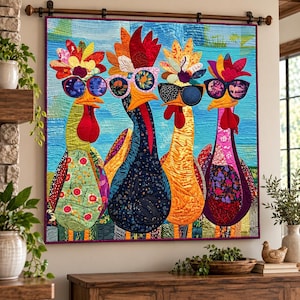 May include: A rectangular fabric wall hanging featuring a colorful quilted applique design of four chickens standing side by side. Each chicken wears patterned sunglasses and has a vibrant, multi-colored plumage made of various floral and textured fabrics.