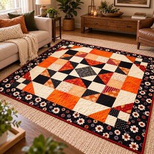 Könnte beinhalten: Ein quadratischer Patchwork-Quilt mit einem geometrischen Sternmuster in Orange-, Creme- und Schwarztönen. Der Quilt hat ein zentrales Sternmotiv, umgeben von Blöcken aus einfarbigem orangefarbenem, cremefarbenem und schwarzem Stoff.