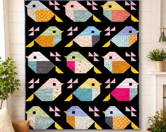 Midnight Songbirds Quilt Pattern | Modern Patchwork Bird Design (PDF Download, 42x53 Throw Size)