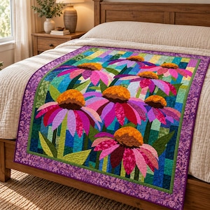 May include: A rectangular quilt featuring a vibrant floral pattern of coneflowers with orange centers and pink, magenta, and purple petals. The background consists of vertical strips in shades of blue, green, and teal, framed by a purple border.
