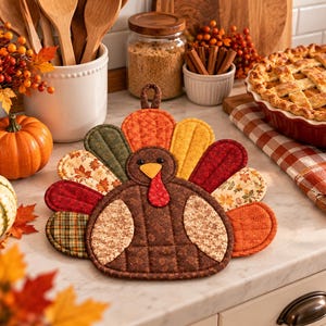 May include: A fabric turkey-shaped pot holder featuring a brown body with floral patterns, surrounded by a fan of quilted tail feathers in various autumn colours including orange, yellow, green, and red with leaf and plaid fabric prints.