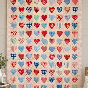 May include: A rectangular quilt featuring a grid of individual squares, each containing a heart shape. The hearts are patterned in various shades of red and blue, set against a light cream background with a pink polka dot border.