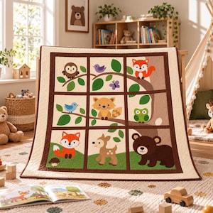 May include: A square quilt featuring a grid of nine panels with woodland animal appliques including a brown bear, a deer, foxes, an owl, and birds. The quilt has a cream background, dark brown borders, and green accents depicting tree branches.