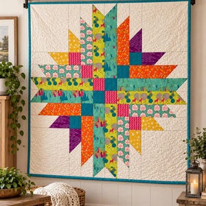 May include: A square wall quilt featuring a central star pattern composed of multicolored fabric patches in shades of yellow, pink, orange, purple, and teal. The star is set against a cream-colored background with a textured quilted finish.