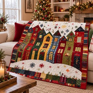 Può includere: Una coperta trapuntata che raffigura un villaggio festivo con case colorate in motivi rossi, verdi, gialli e blu. Il design include finestre e porte ad arco e un primo piano bianco innevato decorato con fiocchi di neve ricamati e bordi scozzesi.