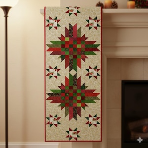 May include: A rectangular Christmas table runner with a quilted design. The runner has a central starburst pattern in red and green, with smaller star motifs and a red border. The background is a light beige colour.