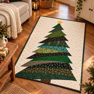 Könnte beinhalten: Ein rechteckiger, gesteppter Wandbehang oder Teppich mit einem zentralen Weihnachtsbaum-Design, das aus verschiedenen grünen und gemusterten Stoffstreifen besteht. Der Baum ist mit einem gelben Stern auf cremefarbenem Grund mit kleinen Steppdetails verziert.