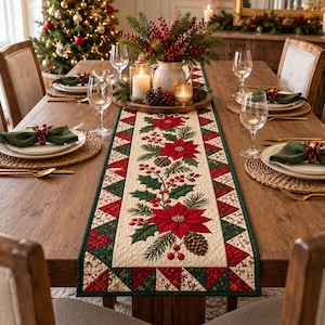 Può includere: Un runner da tavola trapuntato rettangolare con un pannello centrale color crema caratterizzato da una stampa di fiori di poinsettia rossi, foglie di agrifoglio verdi, rami di pino e pigne marroni, bordato da un motivo geometrico a triangoli.