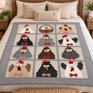 May include: A quilt featuring a grid of twelve squares, each displaying a cartoon chicken with a red comb and a bow tie, plus one square with a basket of eggs. The chickens are in various colors including white, black, gray, and brown.
