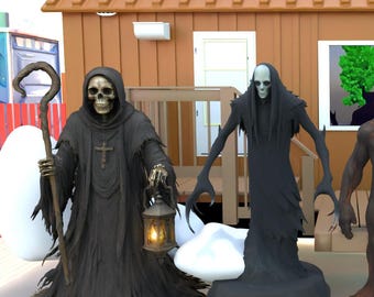 Pacchetto STL di mostri horror di Halloween / Mietitore, Demone, Teschio Fantasma, Spettro Oscuro / Figure stampabili in 3D per decorazioni e giochi da tavolo