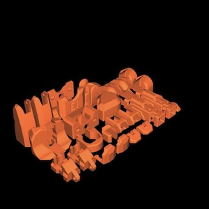 May include: An orange 3D model of a complex structure, possibly architectural or mechanical, against a black background. The model is composed of various geometric shapes and components.