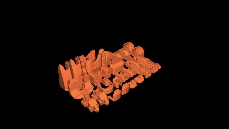 May include: An orange 3D model of a complex structure, possibly architectural or mechanical, against a black background. The model is composed of various geometric shapes and components.