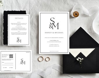 Classic White Minimalist Wedding Invitation Set: Editable Template (Canva)