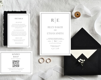 Classic Monogram Wedding Invitation Set: RSVP, Details Card (Instant Download)