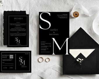 Formal Black Minimalist Wedding Invitation Set: Elegant Template (Instant Download)