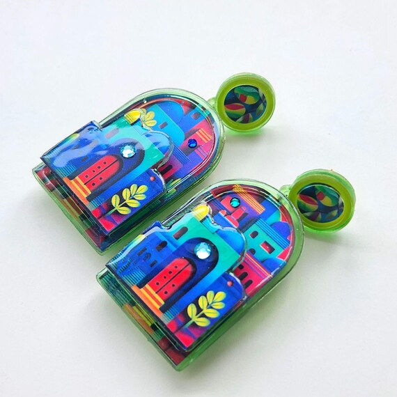 VPOP3D Magic Doors Statement Earrings, Gift for Girlfriend Under 25, Bold Outfit for Artsy Woman, Colorful Fantasy Theme for Gallery Event