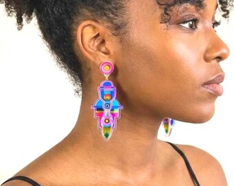 Pendientes vintage rockabilly con estampado 3D: colgantes geométricos degradados, estilo tatuaje de la vieja escuela, pendientes de arte atrevidos y eclécticos.