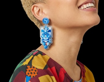Pendientes maximalistas llamativos para mujer, pendientes de color azul aguamarina, colgantes acrílicos retro art déco, regalo geométrico atrevido para ella por menos de 25