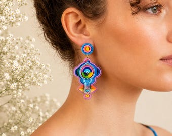 Aqua Geometric Statement Earrings: Mid Century Modern Retro Dangle Jewelry