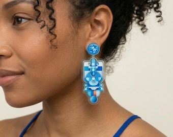 Pendientes llamativos geométricos estilo boho: cristales retro art déco en azul aguamarina.