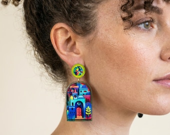 Pendientes llamativos de colores vibrantes, regalo para novia menor de 25 años, pendientes geométricos, estilo moderno de mediados de siglo, joyería maximalista.