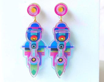 Pendientes con efecto vidriera, colgantes geométricos ligeros, joyería llamativa de acrílico colorido, regalo único por menos de 25 €, arte moderno de mediados de siglo.