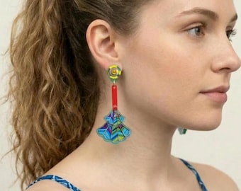 Pendientes Art Déco con diseño de hoja verde impresos en 3D, colgantes turquesa únicos, joyería con diseño de nenúfar, pendientes llamativos y ligeros, regalo de cumpleaños único